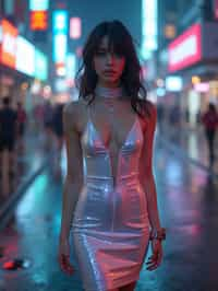 woman wearing holographic bodycon dress  in a cybernetic cityscape