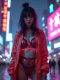 cyberpunk woman with futuristic cyberpunk neon clothes standing in cyberpunk city with neon lights city on Mars in future, neon billboards, skyscrapers