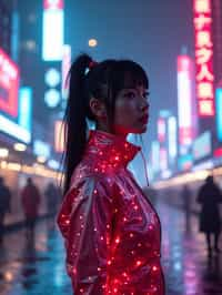 cyberpunk woman with futuristic cyberpunk neon clothes standing in cyberpunk city with neon lights city on Mars in future, neon billboards, skyscrapers