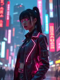 cyberpunk woman with futuristic cyberpunk neon clothes standing in cyberpunk city with neon lights city on Mars in future, neon billboards, skyscrapers