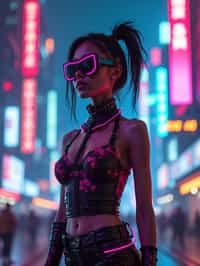 cyberpunk woman with futuristic cyberpunk neon clothes standing in cyberpunk city with neon lights city on Mars in future, neon billboards, skyscrapers