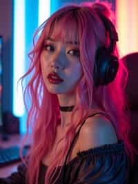 amazingly detailed woman, masterpiece, ultra hd, full shot, dynamic angle, beautiful girl, computer gamer, gaming computer, gaming chair, playing cyberpunk 2077, neon bedroom, streamer setup, , cyberpunk theme, wild long hair, Wavy Cut with Curtain Bangs, bubblegum pink hair, high detail hair, smokey eye shadow, high detail skin, high detail eyes, seductive eyes, smokey makeup