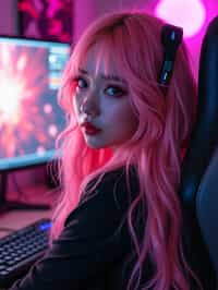 amazingly detailed woman, masterpiece, ultra hd, full shot, dynamic angle, beautiful girl, computer gamer, gaming computer, gaming chair, playing cyberpunk 2077, neon bedroom, streamer setup, , cyberpunk theme, wild long hair, Wavy Cut with Curtain Bangs, bubblegum pink hair, high detail hair, smokey eye shadow, high detail skin, high detail eyes, seductive eyes, smokey makeup