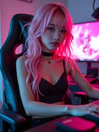 amazingly detailed woman, masterpiece, ultra hd, full shot, dynamic angle, beautiful girl, computer gamer, gaming computer, gaming chair, playing cyberpunk 2077, neon bedroom, streamer setup, , cyberpunk theme, wild long hair, Wavy Cut with Curtain Bangs, bubblegum pink hair, high detail hair, smokey eye shadow, high detail skin, high detail eyes, seductive eyes, smokey makeup