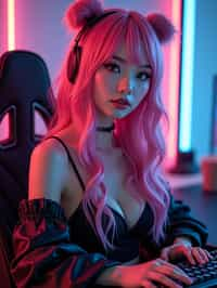 amazingly detailed woman, masterpiece, ultra hd, full shot, dynamic angle, beautiful girl, computer gamer, gaming computer, gaming chair, playing cyberpunk 2077, neon bedroom, streamer setup, , cyberpunk theme, wild long hair, Wavy Cut with Curtain Bangs, bubblegum pink hair, high detail hair, smokey eye shadow, high detail skin, high detail eyes, seductive eyes, smokey makeup