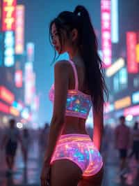 woman wearing holographic crop top and digital shorts  in a neon-lit Bladerunner-inspired cityscape