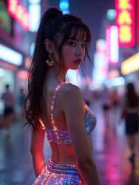 woman wearing holographic crop top and digital shorts  in a neon-lit Bladerunner-inspired cityscape