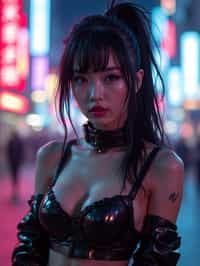 cosplayer woman in a cyberpunk outfit, posing against the backdrop of bright city lights