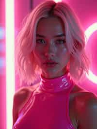 woman with platinum blonde hair, in neon bar, cyberpunk, pink latex crop top, professional award winning photography, beautiful detailed eyes, highly detailed glossy eyes, high detailed skin, skin pores