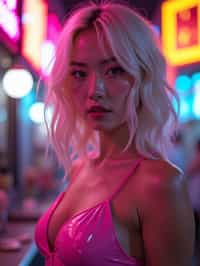 woman with platinum blonde hair, in neon bar, cyberpunk, pink latex crop top, professional award winning photography, beautiful detailed eyes, highly detailed glossy eyes, high detailed skin, skin pores