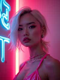 woman with platinum blonde hair, in neon bar, cyberpunk, pink latex crop top, professional award winning photography, beautiful detailed eyes, highly detailed glossy eyes, high detailed skin, skin pores