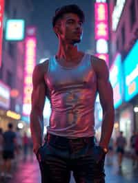 man wearing sleek leather pants with neon highlights and holographic top in a Bladerunner-inspired cityscape