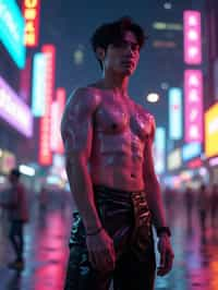 man wearing sleek leather pants with neon highlights and holographic top in a Bladerunner-inspired cityscape