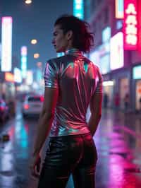 man wearing sleek leather pants with neon highlights and holographic top in a Bladerunner-inspired cityscape