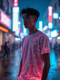 man wearing sporty neon  t-shirt and holographic joggers in a dystopian digital cityscape