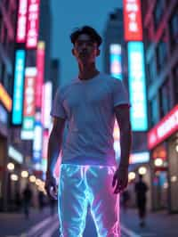 man wearing sporty neon  t-shirt and holographic joggers in a dystopian digital cityscape