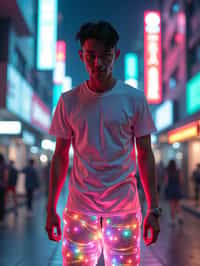 man wearing sporty neon  t-shirt and holographic joggers in a dystopian digital cityscape