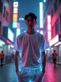 man wearing sporty neon  t-shirt and holographic joggers in a dystopian digital cityscape