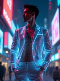 man wearing  holographic nightclub outfit in a cybernetic cityscape