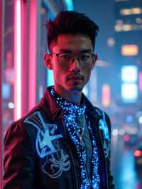 man wearing  holographic nightclub outfit in a cybernetic cityscape