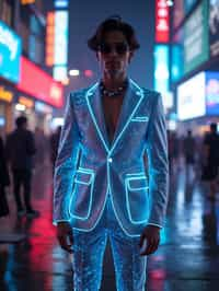 man wearing  holographic nightclub outfit in a cybernetic cityscape