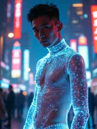 man wearing  holographic nightclub outfit in a cybernetic cityscape