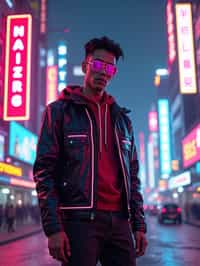 cyberpunk man with futuristic cyberpunk neon clothes standing in cyberpunk city with neon lights city on Mars in future, neon billboards, skyscrapers