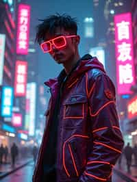 cyberpunk man with futuristic cyberpunk neon clothes standing in cyberpunk city with neon lights city on Mars in future, neon billboards, skyscrapers