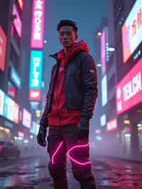 cyberpunk man with futuristic cyberpunk neon clothes standing in cyberpunk city with neon lights city on Mars in future, neon billboards, skyscrapers