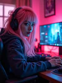 amazingly detailed man, masterpiece, ultra hd, full shot, dynamic angle, beautiful girl, computer gamer, gaming computer, gaming chair, playing cyberpunk 2077, neon bedroom, streamer setup, , cyberpunk theme, wild long hair, Wavy Cut with Curtain Bangs, bubblegum pink hair, high detail hair, smokey eye shadow, high detail skin, high detail eyes, seductive eyes, smokey makeup