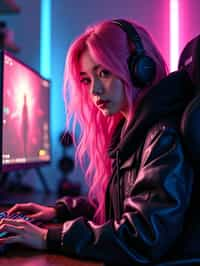 amazingly detailed man, masterpiece, ultra hd, full shot, dynamic angle, beautiful girl, computer gamer, gaming computer, gaming chair, playing cyberpunk 2077, neon bedroom, streamer setup, , cyberpunk theme, wild long hair, Wavy Cut with Curtain Bangs, bubblegum pink hair, high detail hair, smokey eye shadow, high detail skin, high detail eyes, seductive eyes, smokey makeup