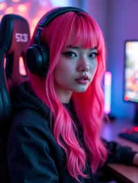 amazingly detailed man, masterpiece, ultra hd, full shot, dynamic angle, beautiful girl, computer gamer, gaming computer, gaming chair, playing cyberpunk 2077, neon bedroom, streamer setup, , cyberpunk theme, wild long hair, Wavy Cut with Curtain Bangs, bubblegum pink hair, high detail hair, smokey eye shadow, high detail skin, high detail eyes, seductive eyes, smokey makeup