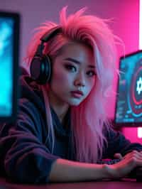 amazingly detailed man, masterpiece, ultra hd, full shot, dynamic angle, beautiful girl, computer gamer, gaming computer, gaming chair, playing cyberpunk 2077, neon bedroom, streamer setup, , cyberpunk theme, wild long hair, Wavy Cut with Curtain Bangs, bubblegum pink hair, high detail hair, smokey eye shadow, high detail skin, high detail eyes, seductive eyes, smokey makeup