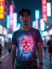 man wearing  holographic t-shirt and cybernetic trousers in a neon-lit Bladerunner-inspired cityscape