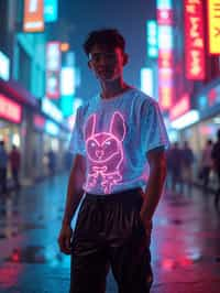 man wearing  holographic t-shirt and cybernetic trousers in a neon-lit Bladerunner-inspired cityscape