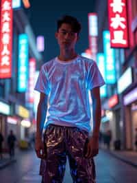 man wearing  holographic t-shirt and cybernetic trousers in a neon-lit Bladerunner-inspired cityscape