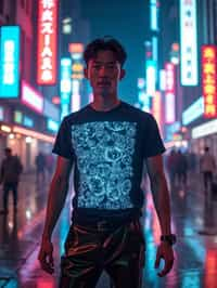 man wearing  holographic t-shirt and cybernetic trousers in a neon-lit Bladerunner-inspired cityscape