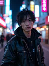 cosplayer man in a cyberpunk outfit, posing against the backdrop of bright city lights