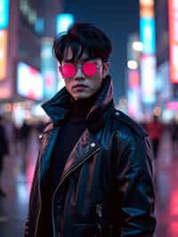 cosplayer man in a cyberpunk outfit, posing against the backdrop of bright city lights