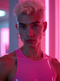 man with platinum blonde hair, in neon bar, cyberpunk, pink latex crop top, professional award winning photography, beautiful detailed eyes, highly detailed glossy eyes, high detailed skin, skin pores