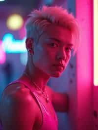 man with platinum blonde hair, in neon bar, cyberpunk, pink latex crop top, professional award winning photography, beautiful detailed eyes, highly detailed glossy eyes, high detailed skin, skin pores