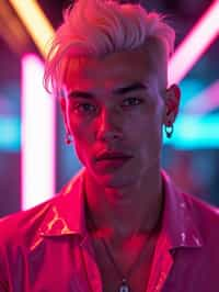 man with platinum blonde hair, in neon bar, cyberpunk, pink latex crop top, professional award winning photography, beautiful detailed eyes, highly detailed glossy eyes, high detailed skin, skin pores