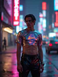 man wearing sleek leather pants with neon highlights and holographic top in a Bladerunner-inspired cityscape