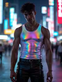 man wearing sleek leather pants with neon highlights and holographic top in a Bladerunner-inspired cityscape