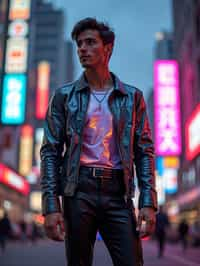 man wearing sleek leather pants with neon highlights and holographic top in a Bladerunner-inspired cityscape