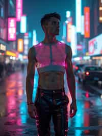 man wearing sleek leather pants with neon highlights and holographic top in a Bladerunner-inspired cityscape