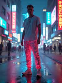 man wearing sporty neon  t-shirt and holographic joggers in a dystopian digital cityscape