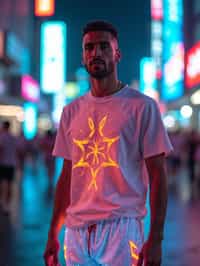 man wearing sporty neon  t-shirt and holographic joggers in a dystopian digital cityscape