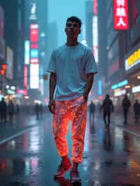 man wearing sporty neon  t-shirt and holographic joggers in a dystopian digital cityscape