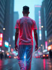 man wearing sporty neon  t-shirt and holographic joggers in a dystopian digital cityscape